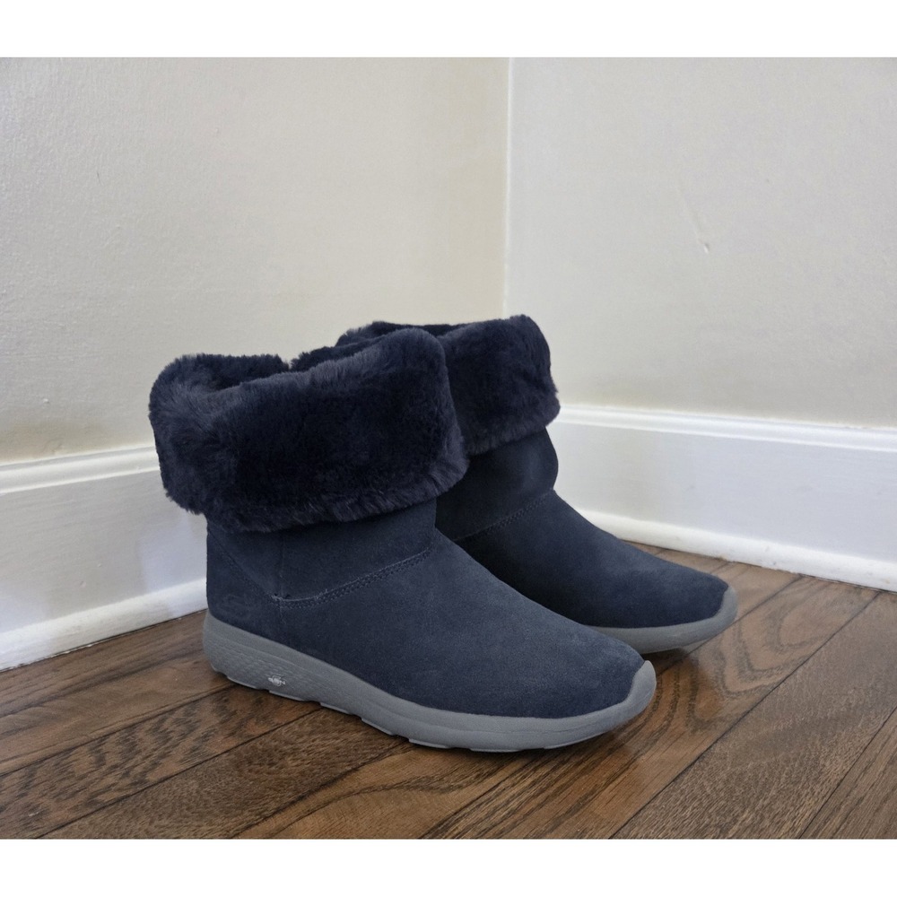 Skechers‎ Slip Ins On The Go Joy Suede Boots Womens 7 Navy Blue Faux Fur Lined